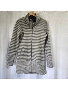 Avalanche Fleece Lined Full Zip Sweater Longline Gray Striped Jacket Size S M